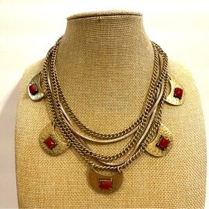 Lucky Brand Necklace gold multistrand chains w/ hammered pieces w/ red jewels